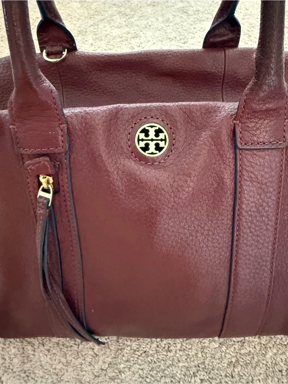 Tory Burch Wine Pebbled Leather Satchel with Gold Logo